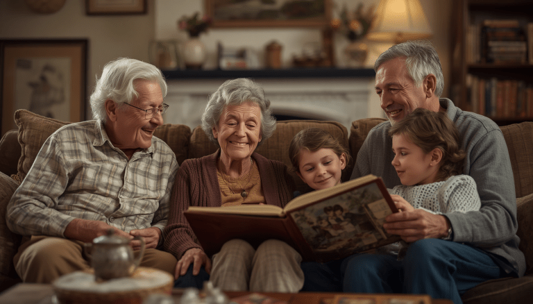 Four generations of a family share stories while looking through a photo album, celebrating family heritage and lasting traditions.