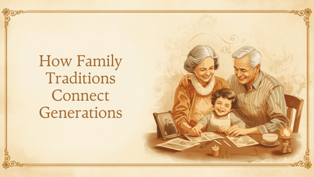 An vintage-style illustration of a happy grandfather, grandmother, and young child sitting together at a table looking at old family photos, depicting how family traditions connect generations.
