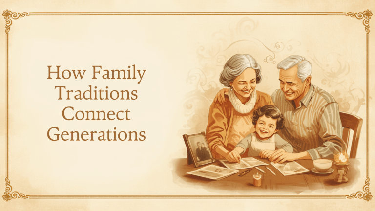 An vintage-style illustration of a happy grandfather, grandmother, and young child sitting together at a table looking at old family photos, depicting how family traditions connect generations.