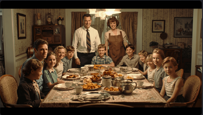 A large family gathered around the dinner table in a mid-century American home, enjoying a home-cooked meal together.