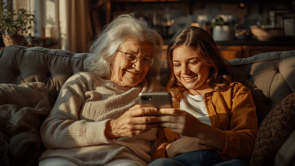 An intimate, sunlit photo of an elderly grandmother sharing a story with her granddaughter who is recording the conversation on a smartphone, representing oral family history preservation.